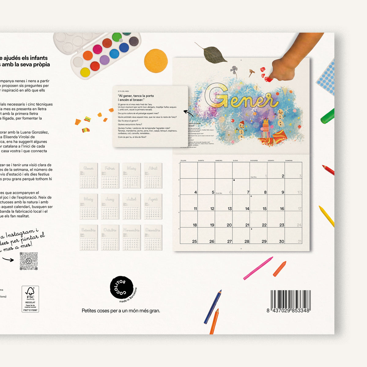 Contraportada del Gran Calendari Acolorible 2027, on s'hi observa el resum gràfic dels continguts i s'hi veu una proposta plàstica del mes de gener implementat.
