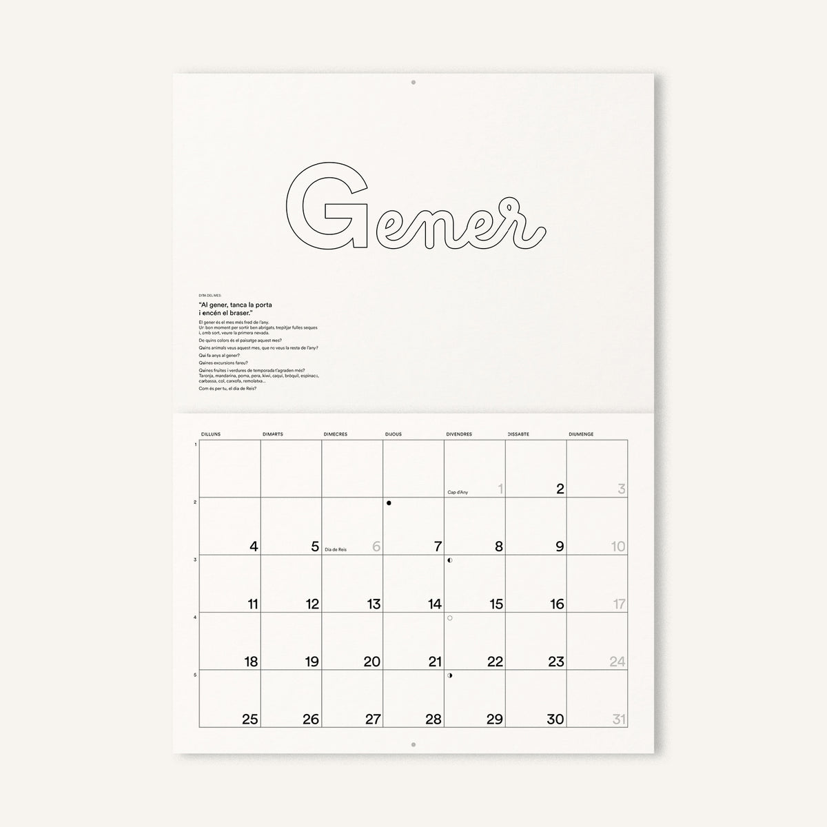 Detall del mes de Gener del Gran Calendari Acolorible 2027, on s'hi observa la frase feta del mes i les 6 preguntes que dónen peu a l'observació i a l'intervenció plàstica.