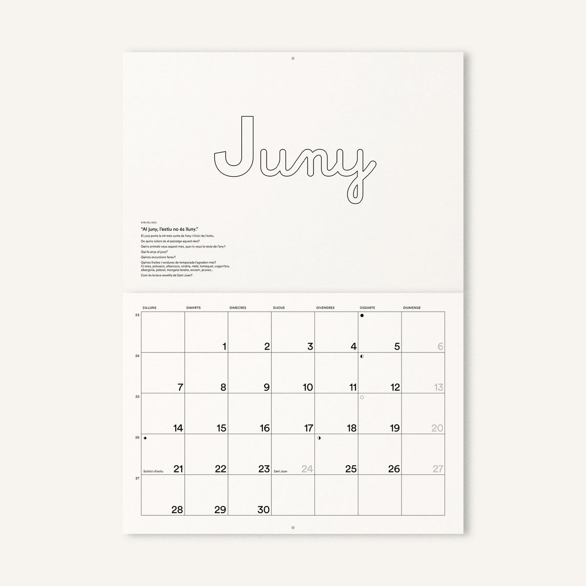 Detall del mes de Juny del Gran Calendari Acolorible 2027, on s'hi observa la frase feta del mes i les 6 preguntes que dónen peu a l'observació i a l'intervenció plàstica.