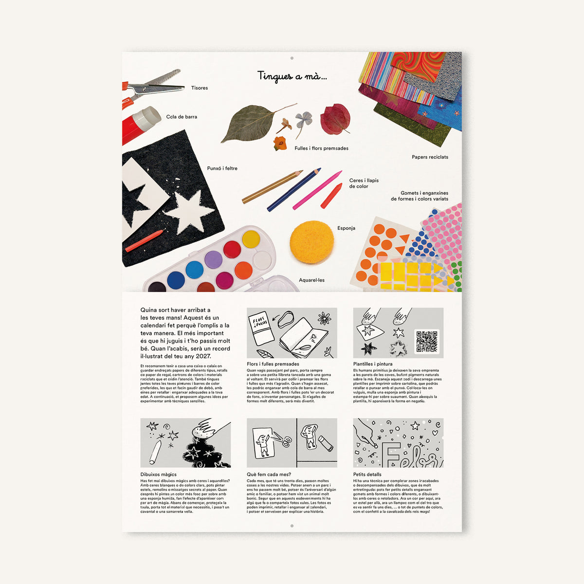 Primera plana del Gran Calendari Acolorible 2027, on s'hi observa una llista de material i enes a tenir a mà, una introducció al calendari i cinc propostes creatives per fer.